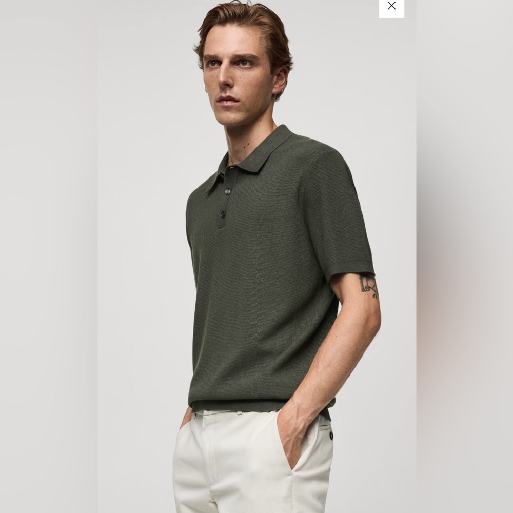 Mango Forest Green Knit Polo Shirt for Men Size L - Picture 2 of 7